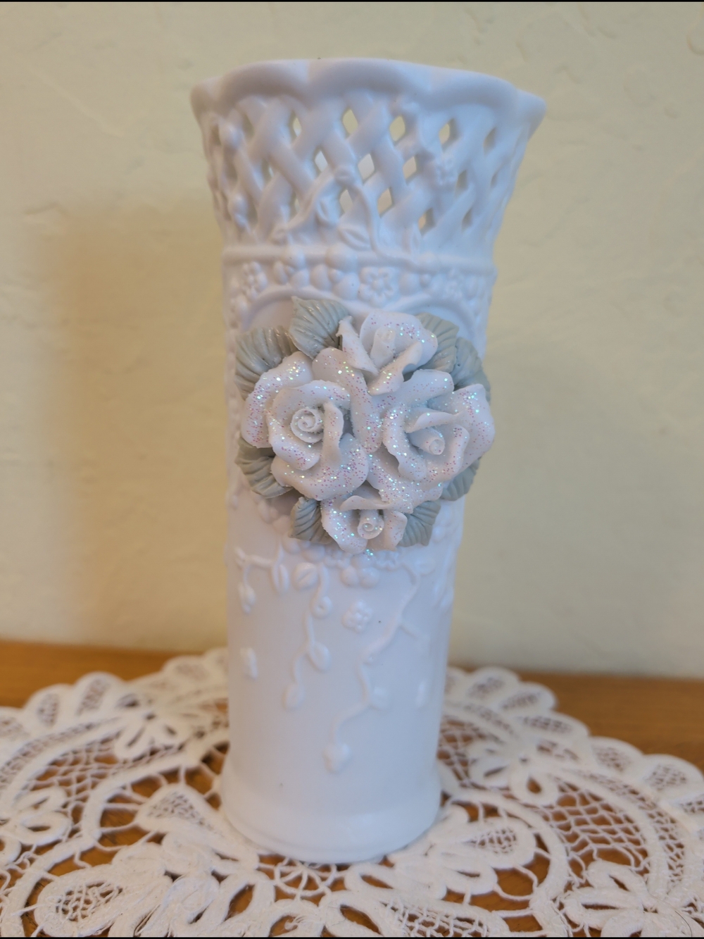 White Decorative Porcelain Vase with Floral Applique